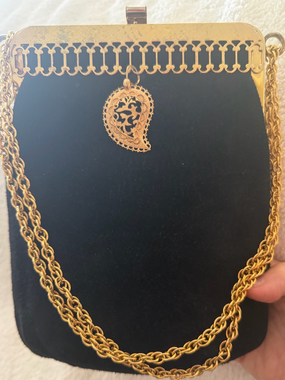 Gold-Trim Black suede Evening Bag with paisley charm, vintage 1950s. Great bag!